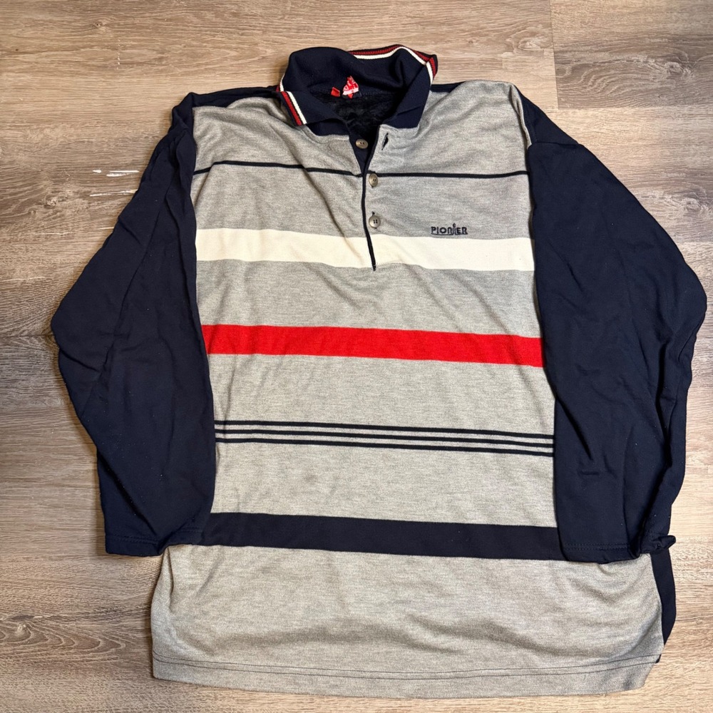Pionier Mens XL Long Sleeve Striped Polo Shirt Grey Navy Red Fleece Lined Rugby